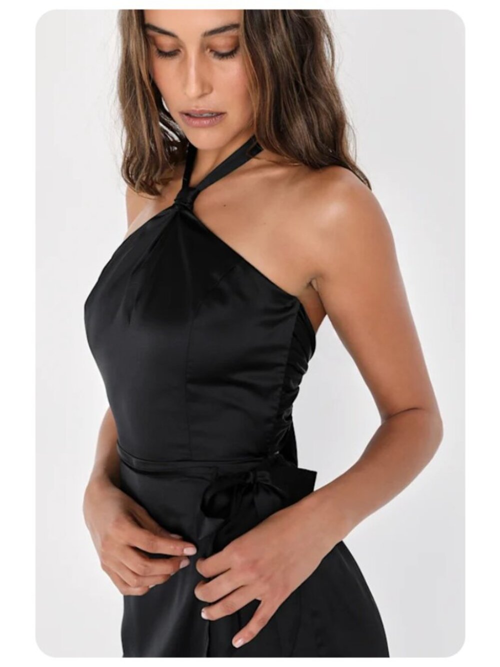 Lulus Alluring Mood Black Satin Halter Side-Tie Skort Romper sz L - Picture 4 of 4